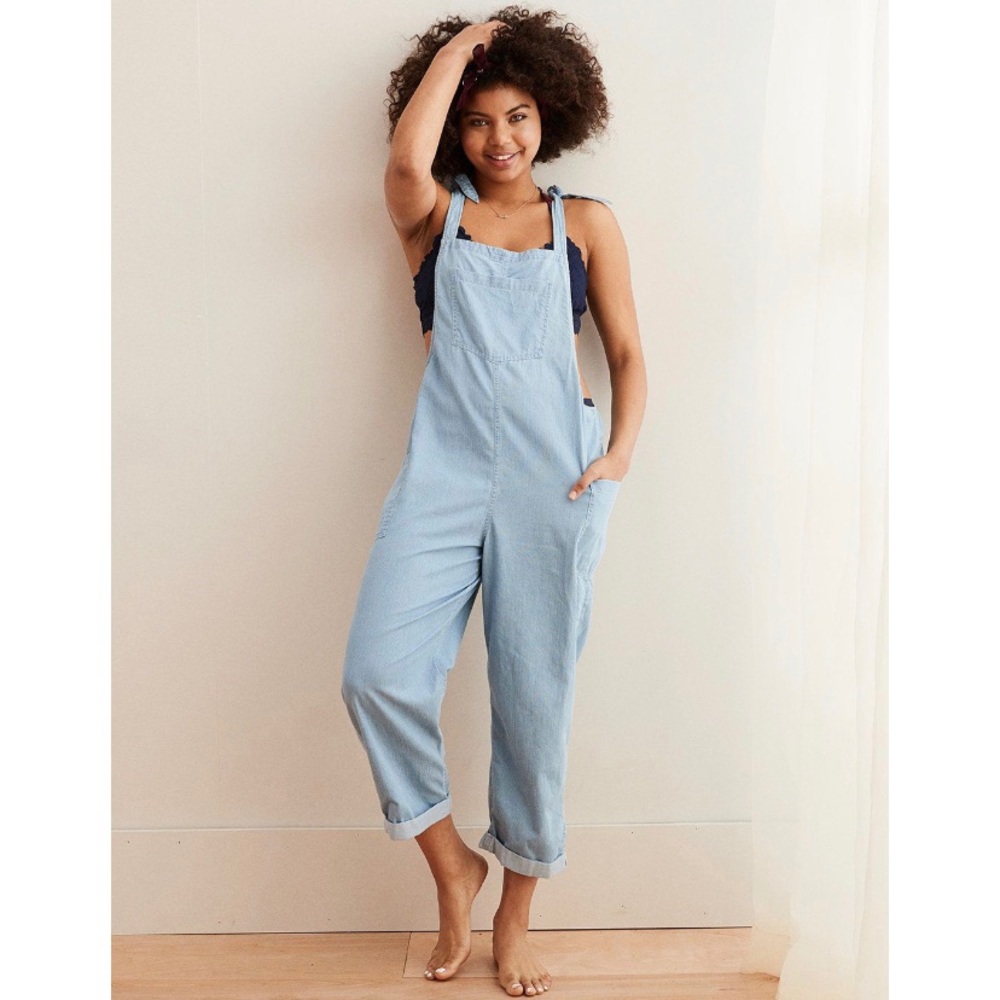 NWT Aerie Shoulder Tie Overalls Light Blue
